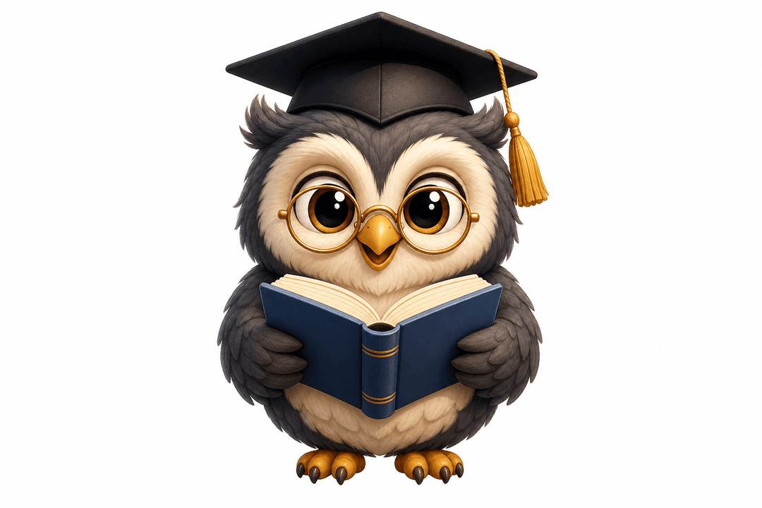 Coruja Planify — mascote com óculos, capelo e livro