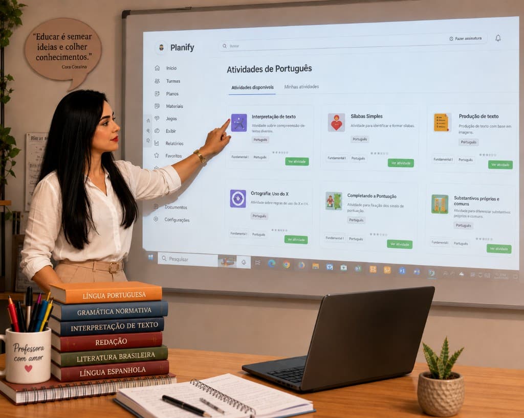 Professora Helena Lopes em sala de aula apresentando atividades de Português geradas no Planify em lousa digital